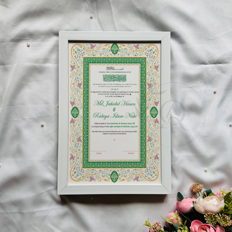 This beautifully crafted Nikahnama features a Mughal-style arch layout bordered by soft pastel floral detailing in pink and gree