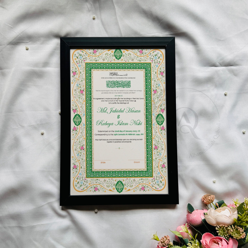 This beautifully crafted Nikahnama features a Mughal-style arch layout bordered by soft pastel floral detailing in pink and gree