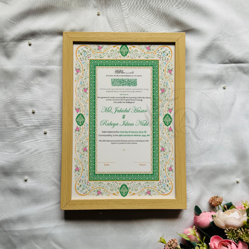 This beautifully crafted Nikahnama features a Mughal-style arch layout bordered by soft pastel floral detailing in pink and gree