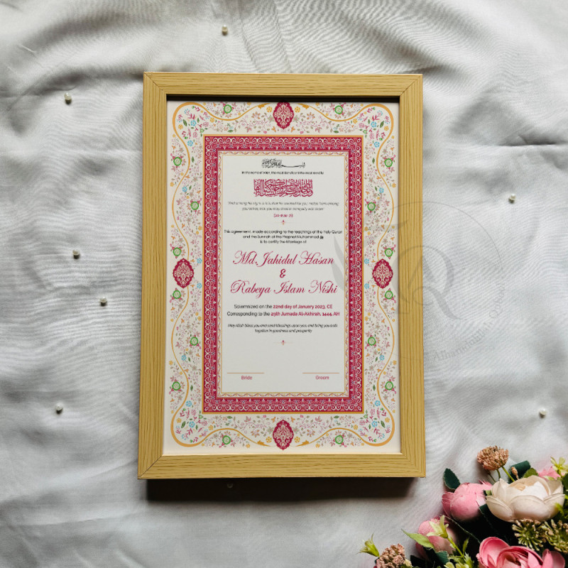 Rose Red Arch Nikahnama – Elegant Islamic Marriage Certificate.