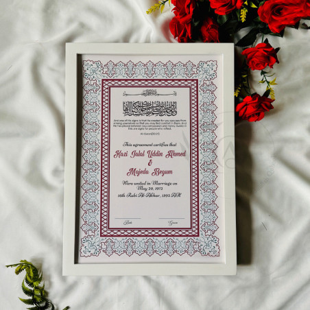 Classic Crimson Nikahnama Design – Wooden Fiber Frame Islamic Certificate