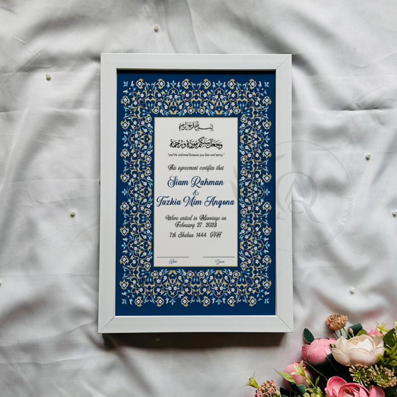 Navy Persian Vine Nikahnama – Islamic Wedding Certificate in White Frame