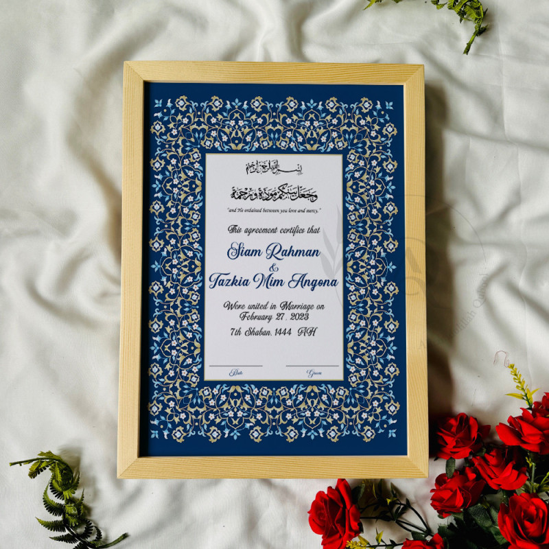 Navy Persian Vine Nikahnama – Islamic Wedding Certificate in White Frame