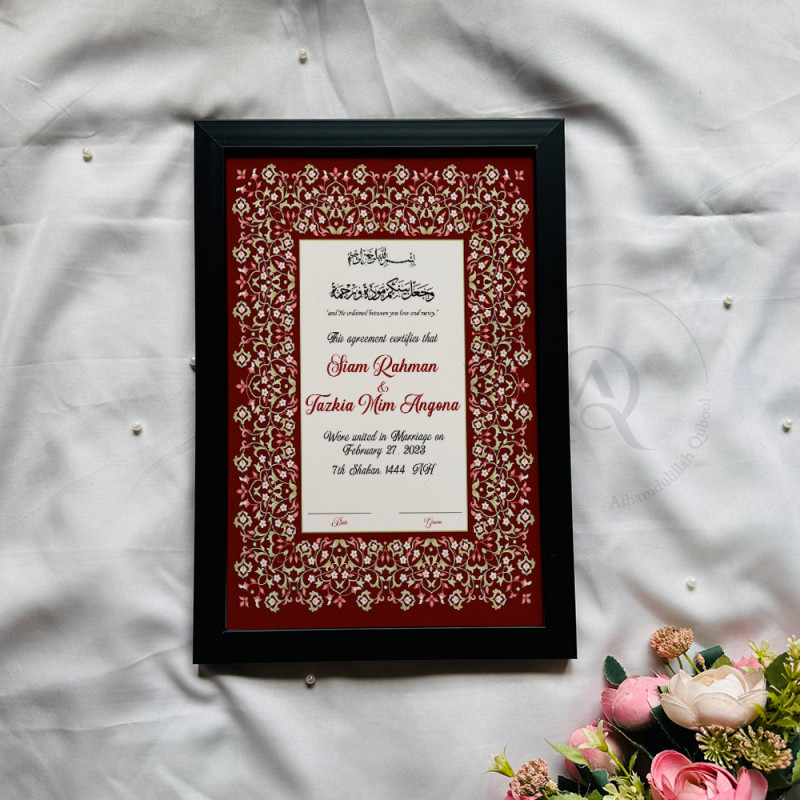 Crimson Floral Nikahnama – Regal Islamic Marriage Certificate in Wooden Frame