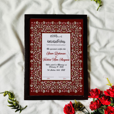 Crimson Floral Nikahnama – Regal Islamic Marriage Certificate in Wooden Frame