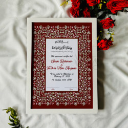 Crimson Floral Nikahnama – Regal Islamic Marriage Certificate in Wooden Frame