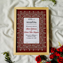 Crimson Floral Nikahnama – Regal Islamic Marriage Certificate in Wooden Frame