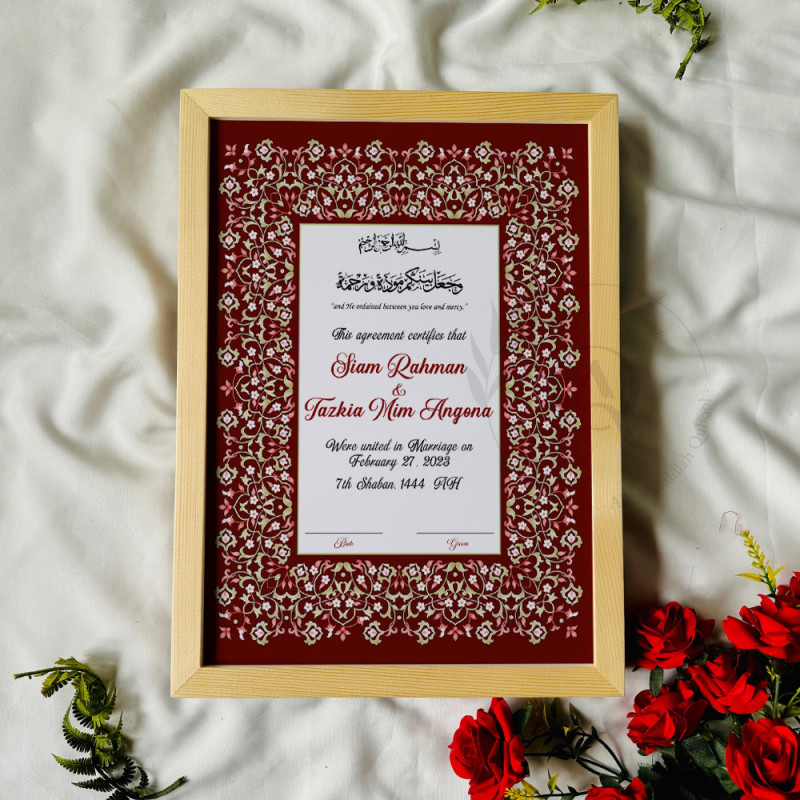 Crimson Floral Nikahnama – Regal Islamic Marriage Certificate in Wooden Frame