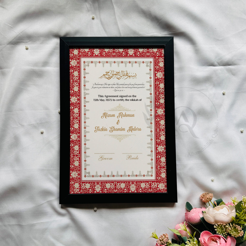 Scarlet Bloom Nikahnama – Elegant Red Islamic Marriage Certificate in Black Frame