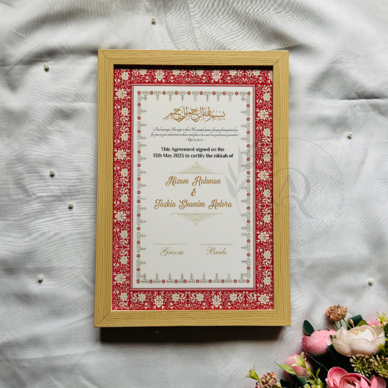 Scarlet Bloom Nikahnama – Elegant Red Islamic Marriage Certificate in Black Frame