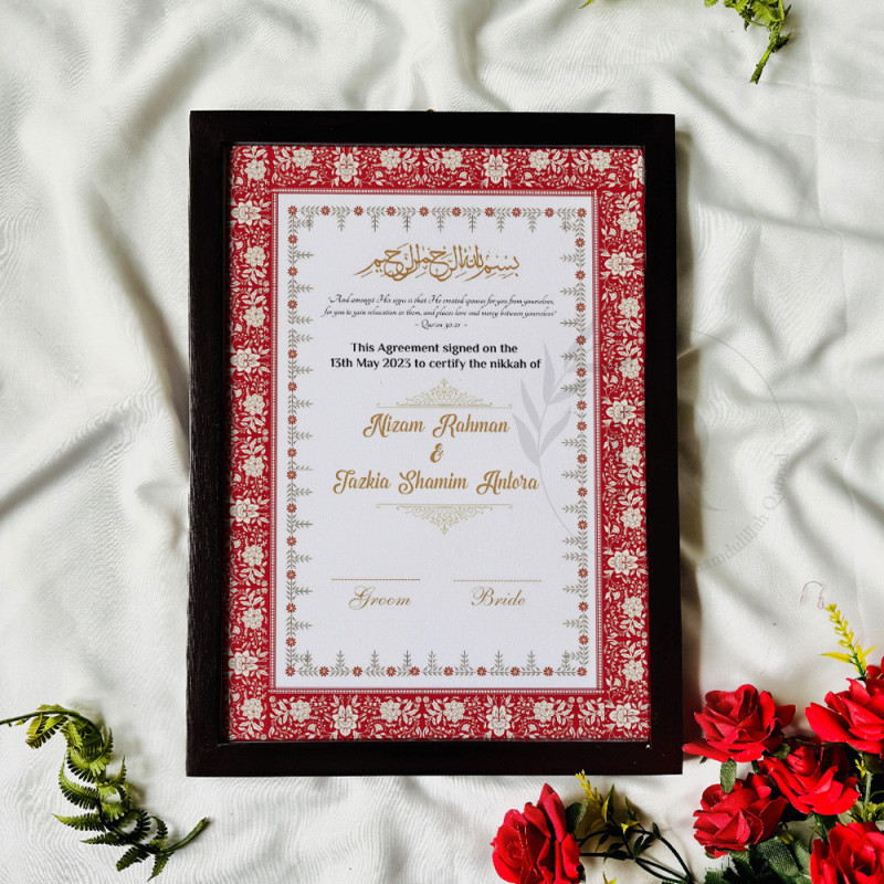 Scarlet Bloom Nikahnama – Elegant Red Islamic Marriage Certificate in Black Frame