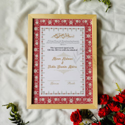 Scarlet Bloom Nikahnama – Elegant Red Islamic Marriage Certificate in Black Frame