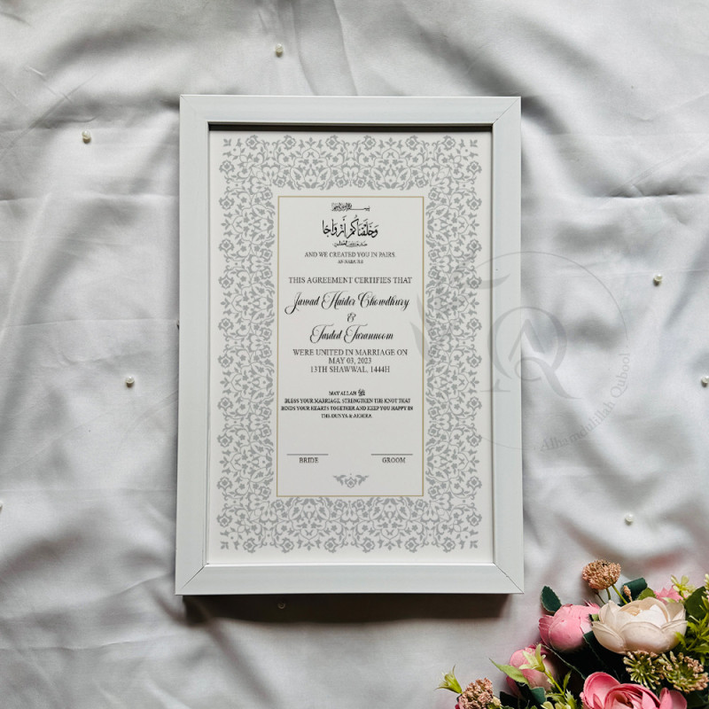 Pearl Grey Nikahnama – Elegant Floral Islamic Marriage Certificate in Wooden Frame