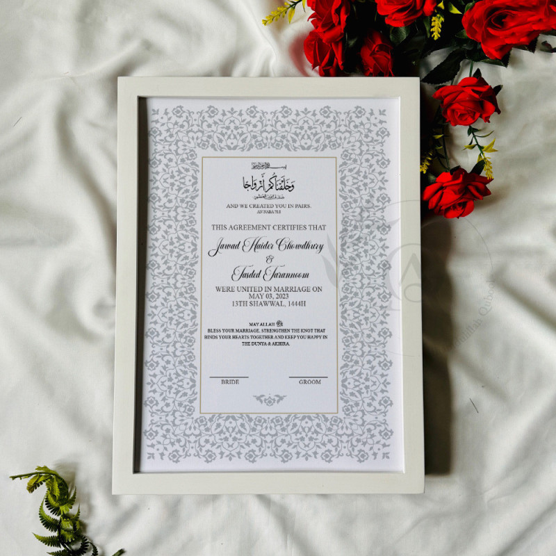 Pearl Grey Nikahnama – Elegant Floral Islamic Marriage Certificate in Wooden Frame