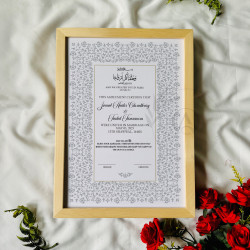 Pearl Grey Nikahnama – Elegant Floral Islamic Marriage Certificate in Wooden Frame