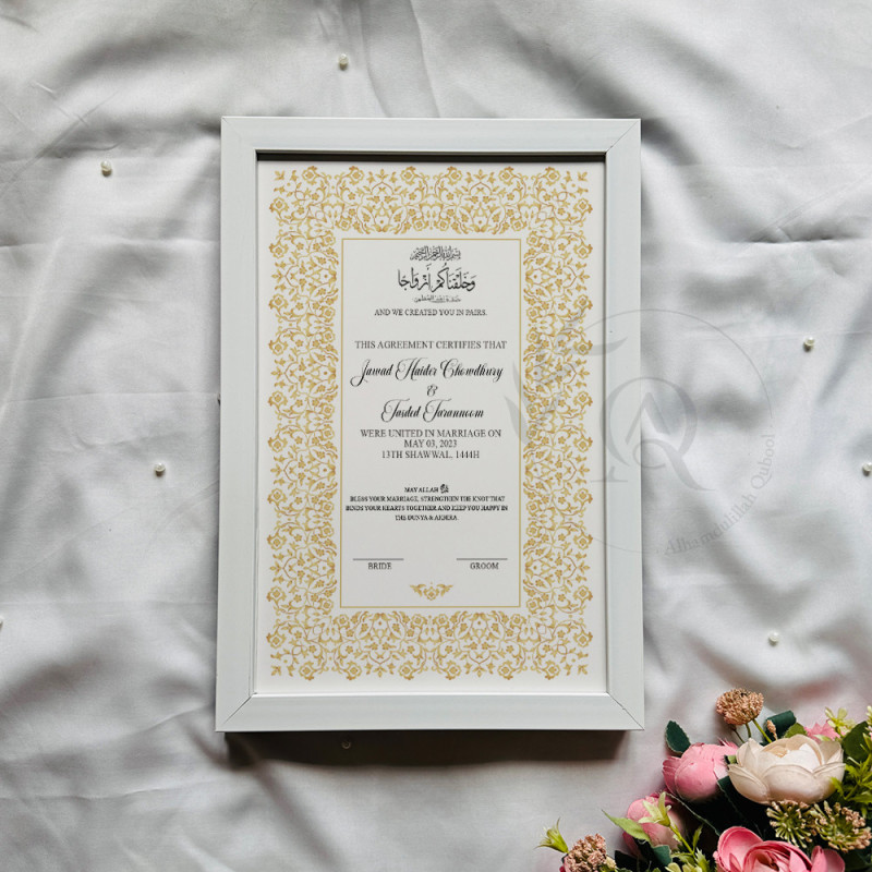 Golden Harmony Nikahnama – Elegant Floral Marriage Certificate in Wooden Frame