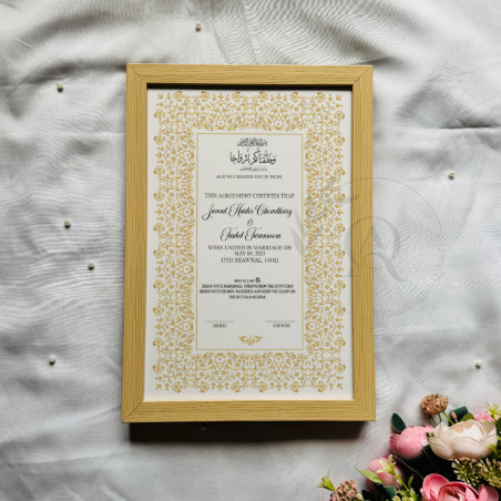 Golden Harmony Nikahnama – Elegant Floral Marriage Certificate in Wooden Frame