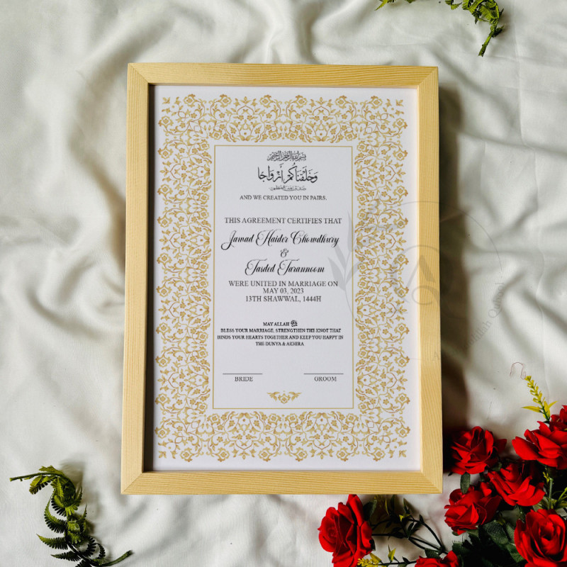 Golden Harmony Nikahnama – Elegant Floral Marriage Certificate in Wooden Frame