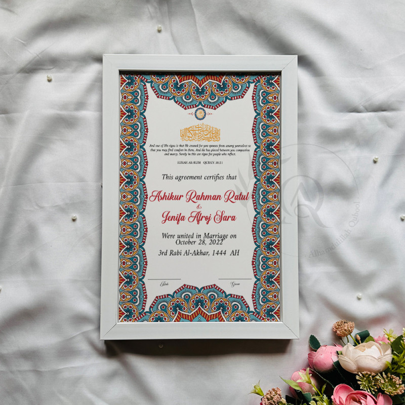 Ottoman Mosaic Nikahnama – Bold Islamic Marriage Certificate with Black Frame.