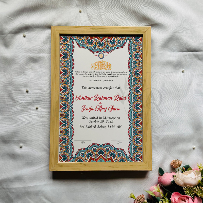 Ottoman Mosaic Nikahnama – Bold Islamic Marriage Certificate with Black Frame.