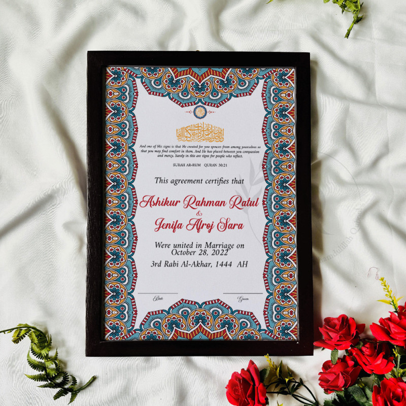 Ottoman Mosaic Nikahnama – Bold Islamic Marriage Certificate with Black Frame.