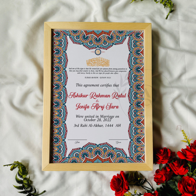 Ottoman Mosaic Nikahnama – Bold Islamic Marriage Certificate with Black Frame.