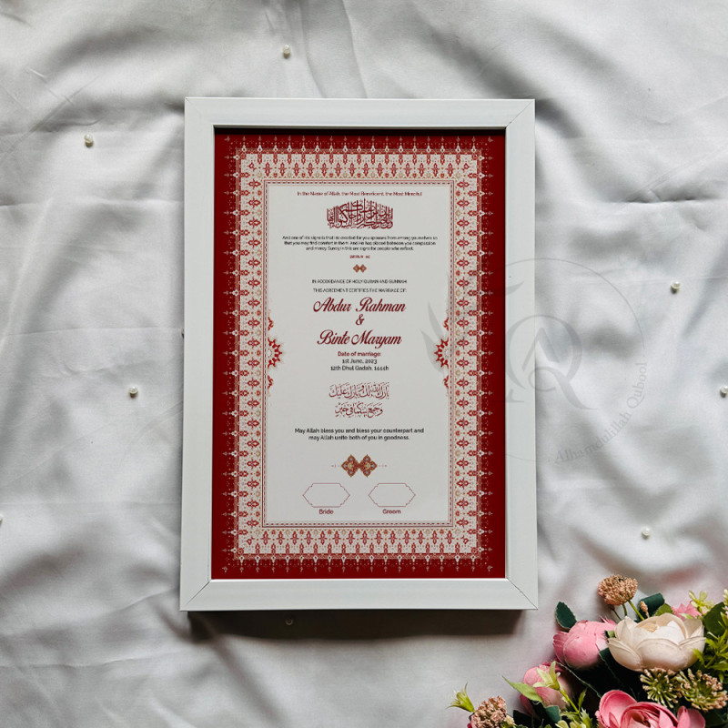 Crimson Red Nikahnama – Elegant Traditional Marriage Certificate Frame