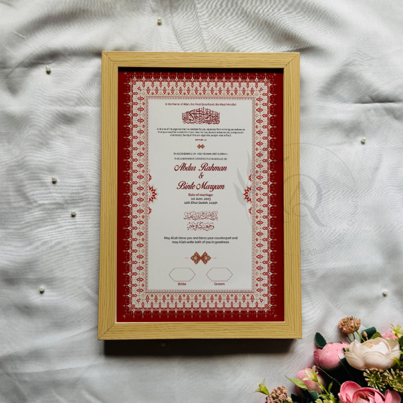 Crimson Red Nikahnama – Elegant Traditional Marriage Certificate Frame