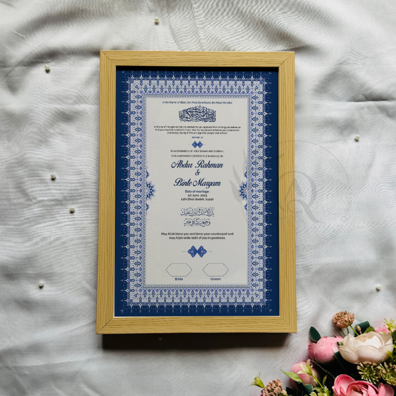 Royal Sapphire Nikahnama – Elegant Islamic Marriage Certificate.