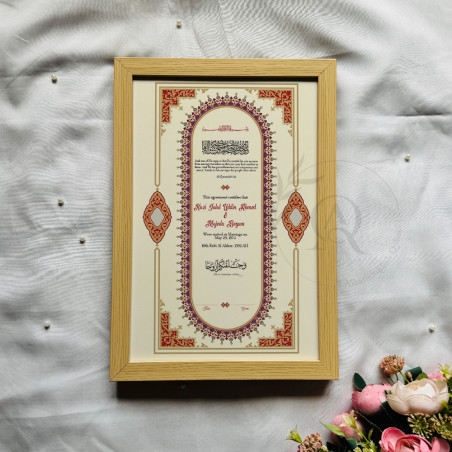 Vintage Arch Red Nikahnama – Islamic Marriage Certificate with Wooden Frame.