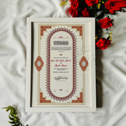 Vintage Arch Red Nikahnama – Islamic Marriage Certificate with Wooden Frame.