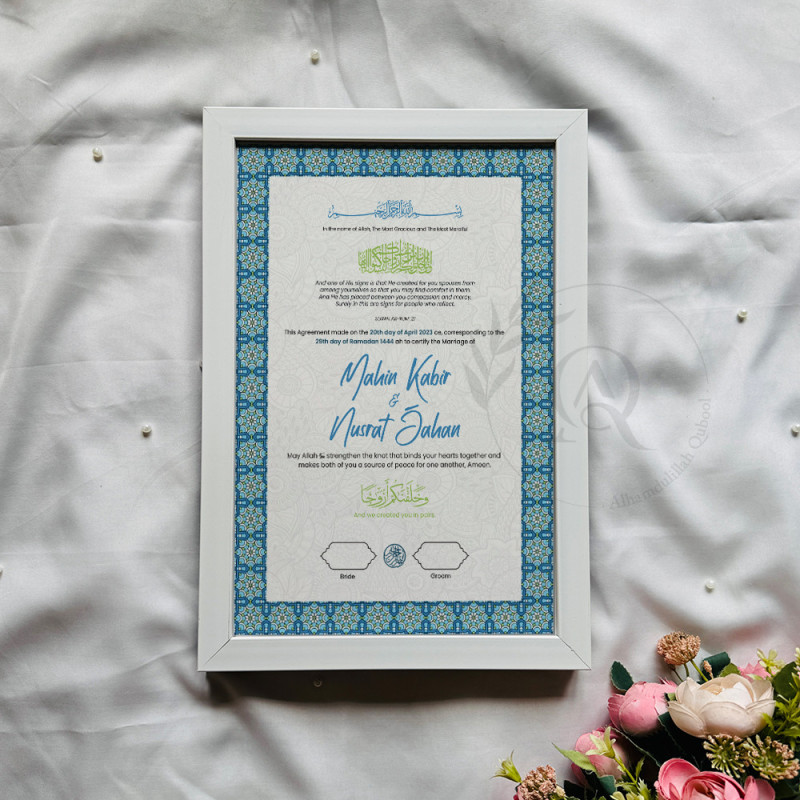 Blue Mosaic Nikahnama – Islamic Marriage Certificate with Moroccan Border.