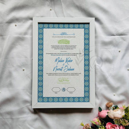 Blue Mosaic Nikahnama – Islamic Marriage Certificate with Moroccan Border.