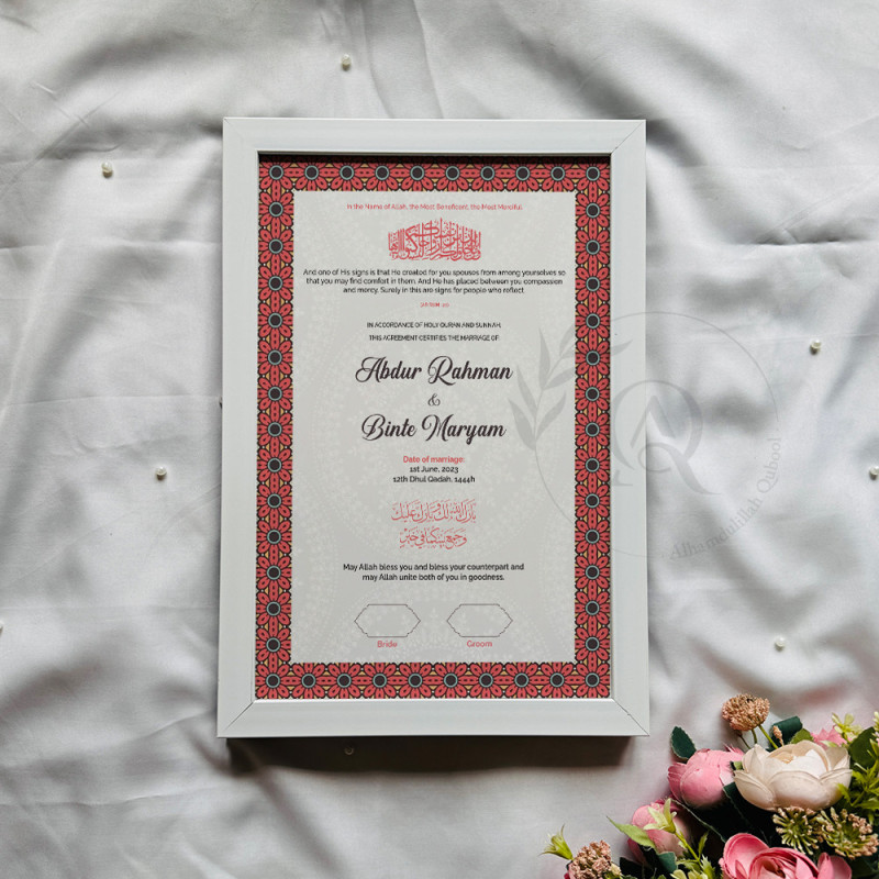 Crimson Floral Nikahnama – Islamic Marriage Certificate with Wooden Frame.
