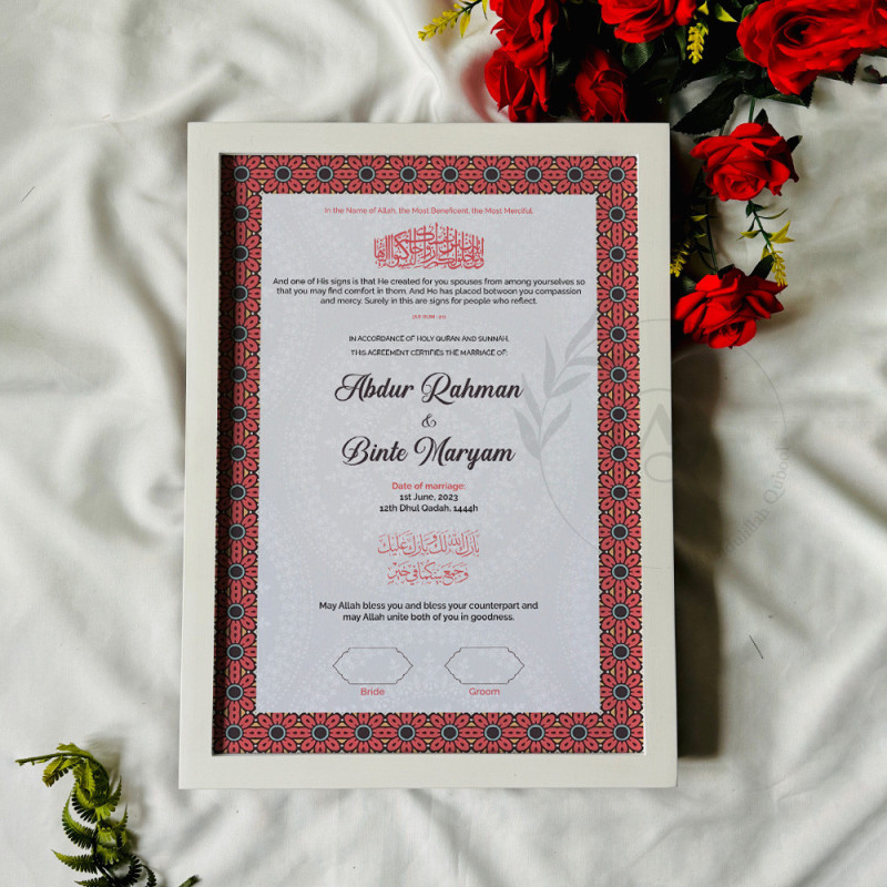 Crimson Floral Nikahnama – Islamic Marriage Certificate with Wooden Frame.