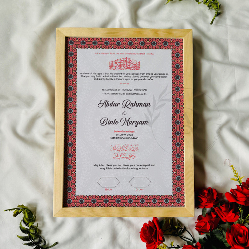 Crimson Floral Nikahnama – Islamic Marriage Certificate with Wooden Frame.