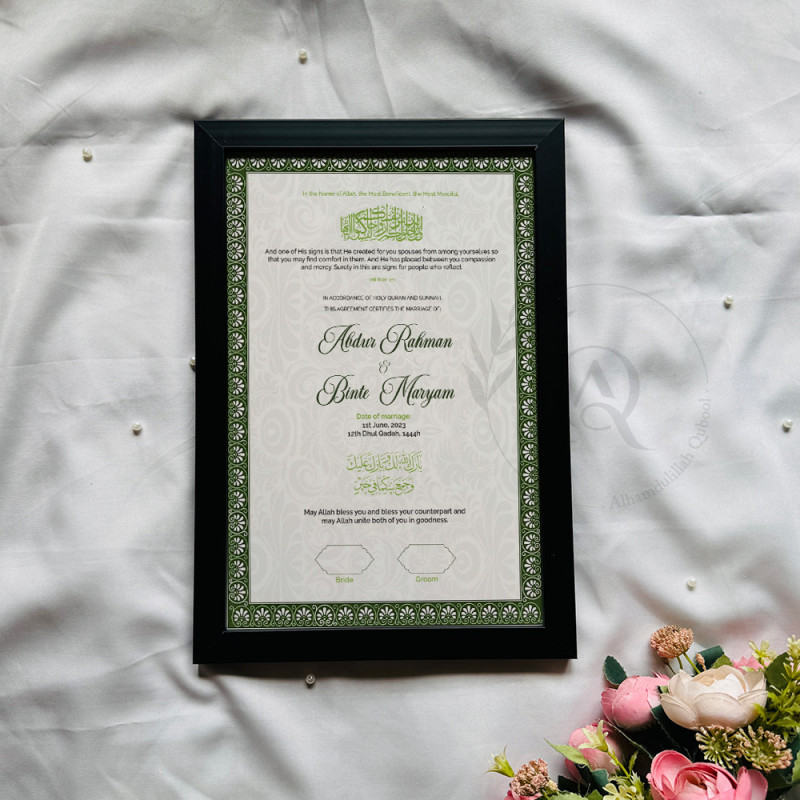 Emerald Green Nikahnama – Islamic Marriage Certificate with Black Frame.