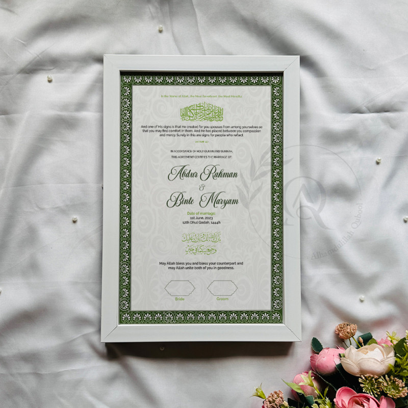 Emerald Green Nikahnama – Islamic Marriage Certificate with Black Frame.
