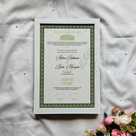 Emerald Green Nikahnama – Islamic Marriage Certificate with Black Frame.