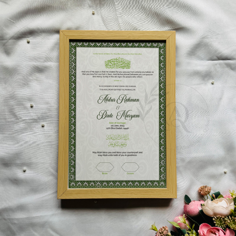 Emerald Green Nikahnama – Islamic Marriage Certificate with Black Frame.