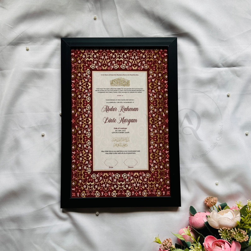 Maroon Floral Nikahnama – Islamic Marriage Certificate in Wooden Frame.