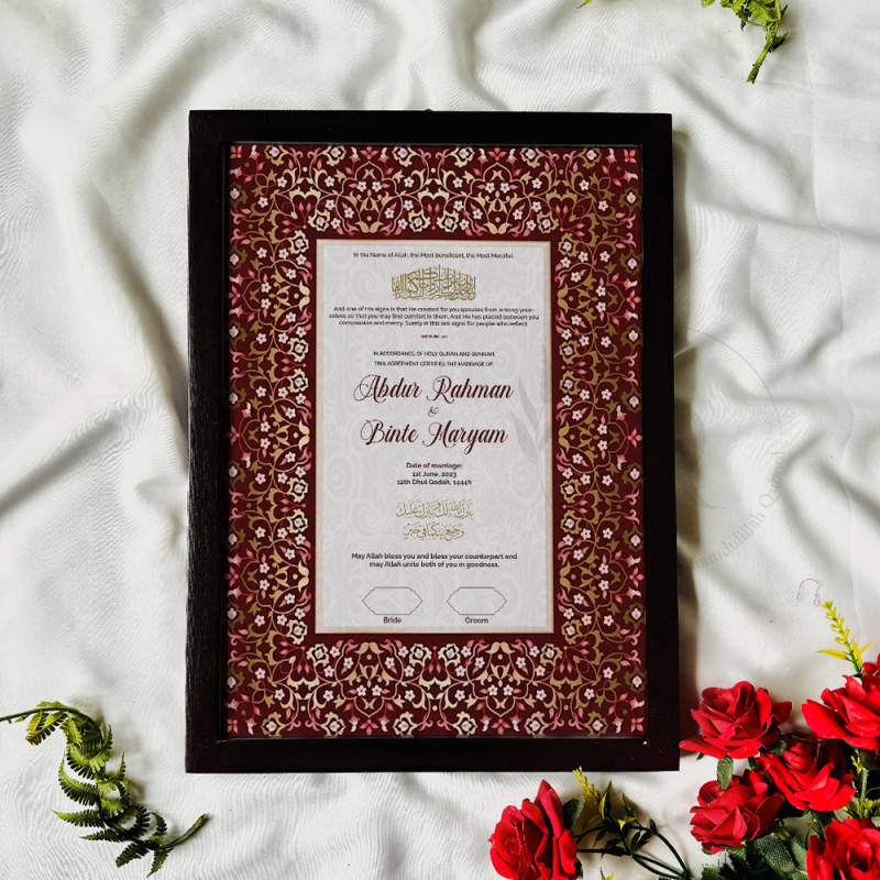 Maroon Floral Nikahnama – Islamic Marriage Certificate in Wooden Frame.