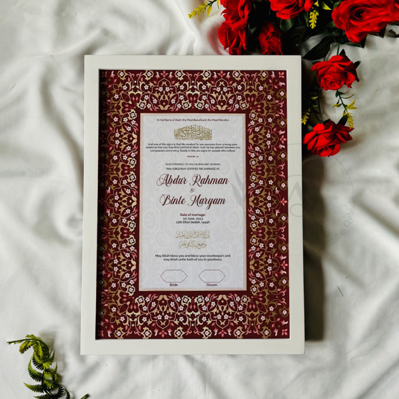 Maroon Floral Nikahnama – Islamic Marriage Certificate in Wooden Frame.