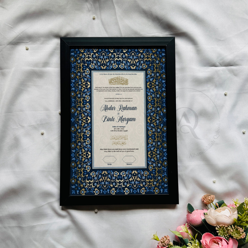 Royal Blue Nikahnama – Islamic Marriage Certificate with Gold Floral Border.