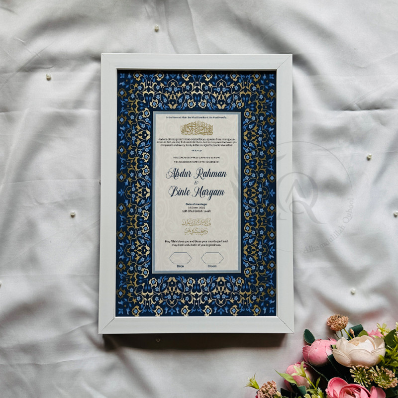 Royal Blue Nikahnama – Islamic Marriage Certificate with Gold Floral Border.