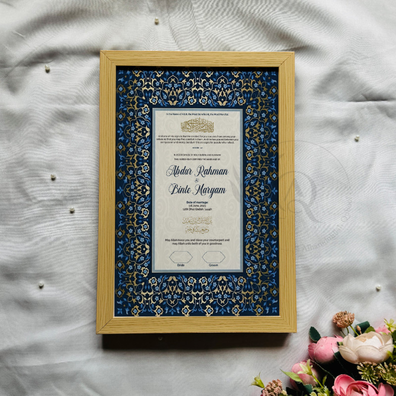 Royal Blue Nikahnama – Islamic Marriage Certificate with Gold Floral Border.