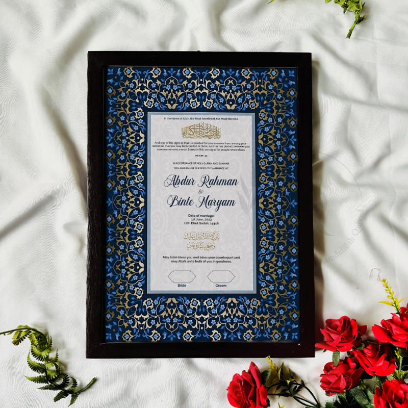 Royal Blue Nikahnama – Islamic Marriage Certificate with Gold Floral Border.