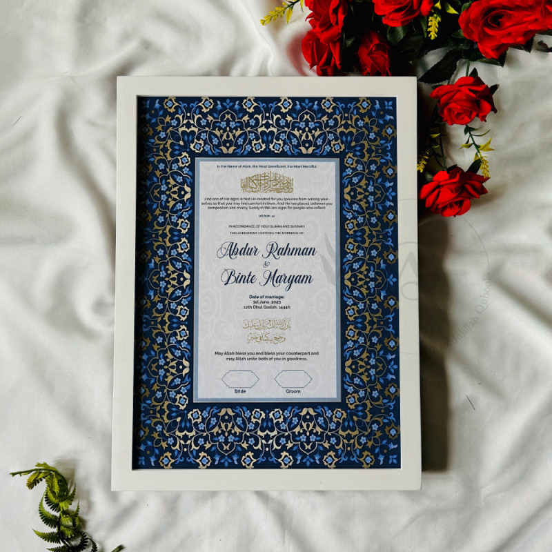 Royal Blue Nikahnama – Islamic Marriage Certificate with Gold Floral Border.