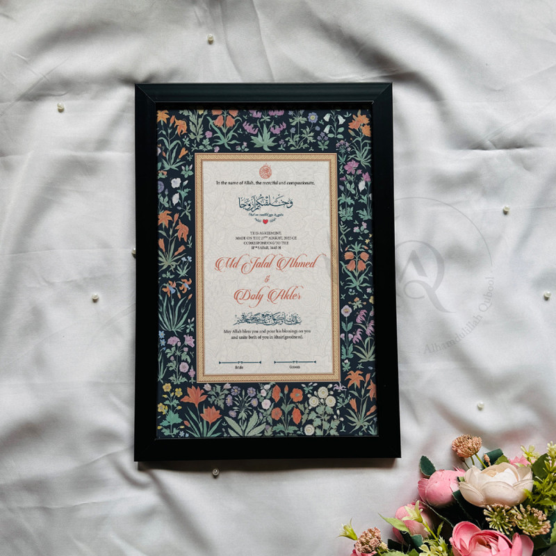 Midnight Floral Nikahnama – Islamic Marriage Certificate with White Frame.