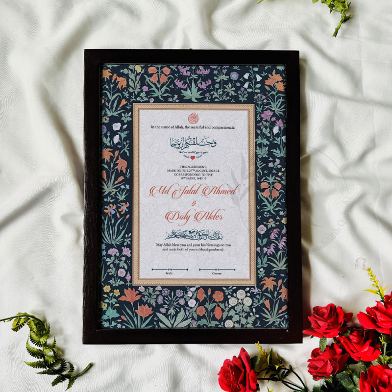 Midnight Floral Nikahnama – Islamic Marriage Certificate with White Frame.